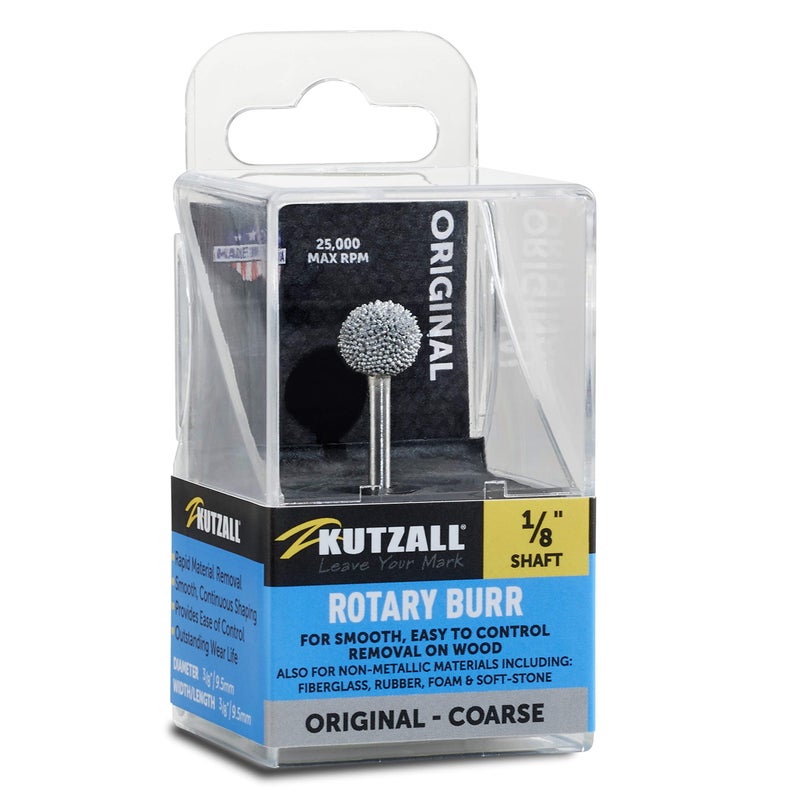 Kutzall Original Sphere Rotary Burr 1â„8" Shaft, Coarse - Wood Carving Bit for Dremel, Foredom, DeWalt, Milwaukee Tools. Abrasive Tungsten Carbide Coating, 3â„8" (9.5mm) Head Diameter, S-38-E - Image 1